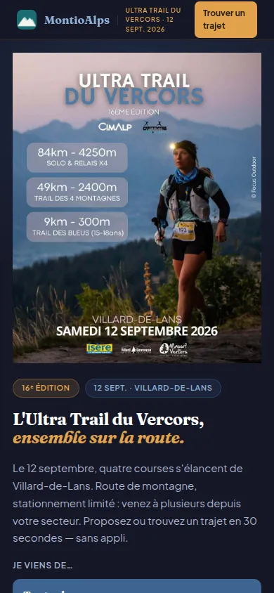 Page de covoiturage Ultra Trail du Vercors sur téléphone